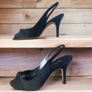 Nina Vintage Retro Black Satin Bead Evening Peep Toe Slingback Stiletto Heels